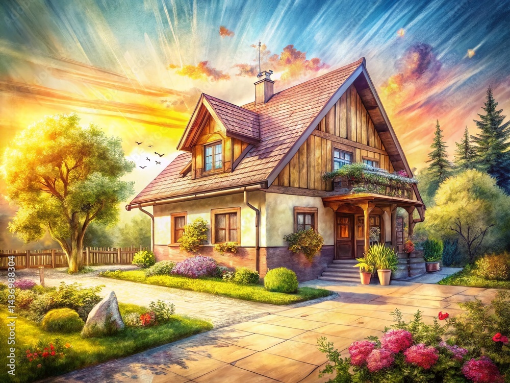 Fototapeta premium Vintage Village House: Detailed Architectural Sketch Coloring Book Illustration, Long Exposure Photography