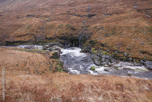 Loch Etive river Bright sun illuminates the rugged peaks and rolling valleys of Glencoe in the Scottish Highlands, showcasing the wild natural beauty of Scotland 