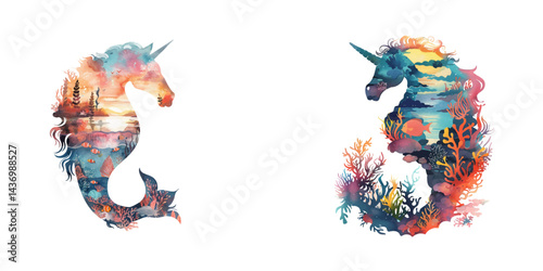silhouette sea horse with underwater scene inside watercolor vector illustration