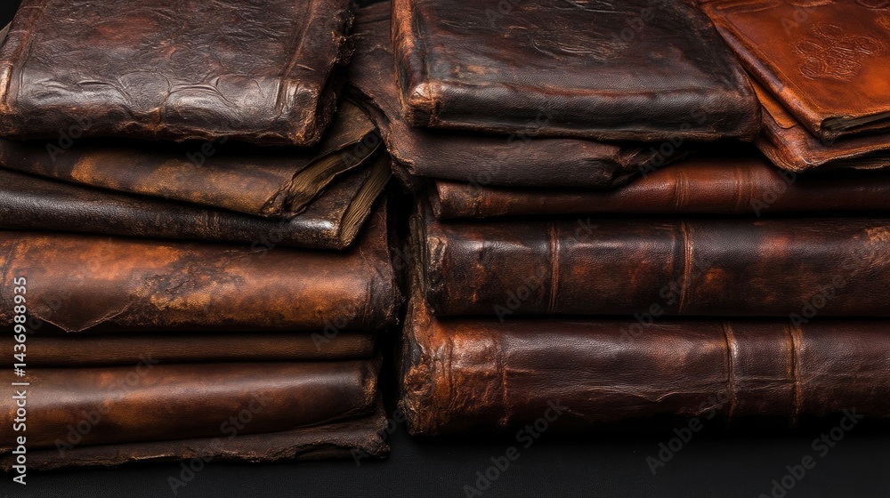 Fototapeta premium Stacked antique leather-bound books