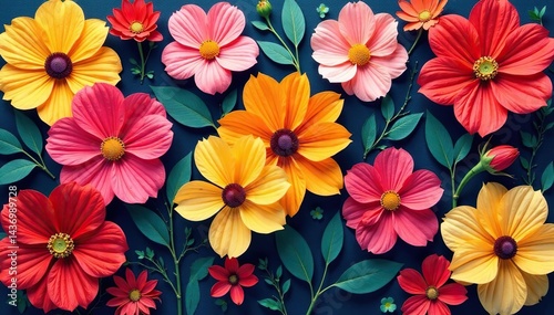 Bold stylized blossoms arranged in a square tessellation , square, stylish