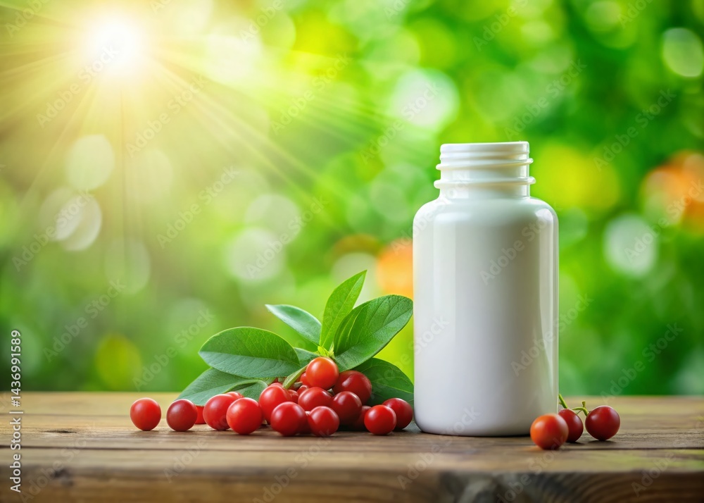 White Supplement Bottle Mockup with Guarana Berries & Bokeh - Alternative Medicine Concept