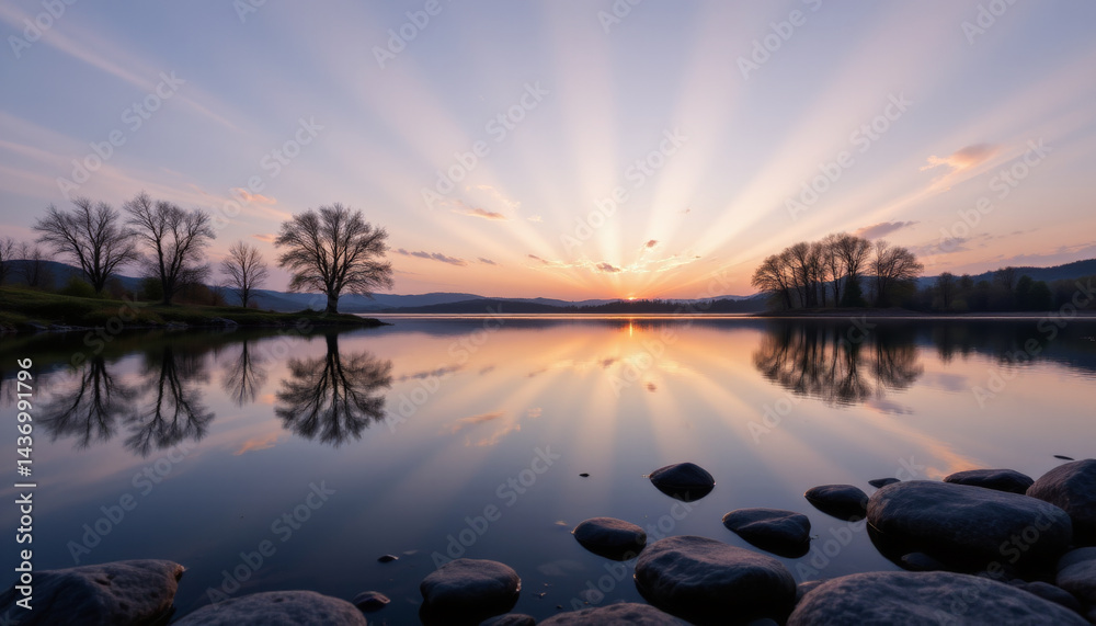 Fototapeta premium Tranquil landscape showcasing stunning sunset over calm lake, with rays of sunlight breaking through clouds and reflecting water surface. scene is framed by trees and smooth stones foreground