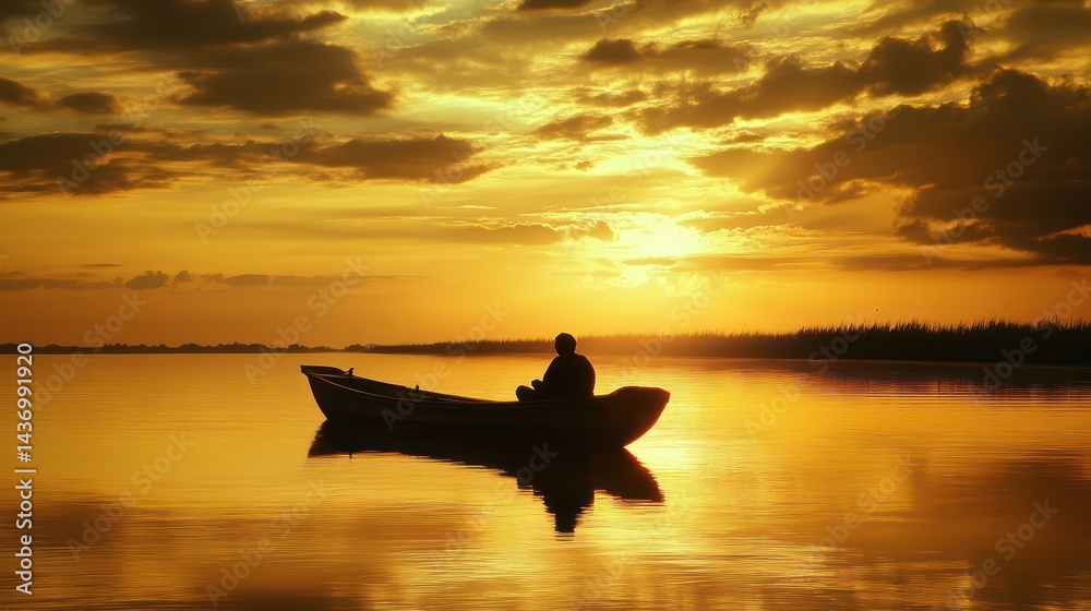 Fototapeta premium Golden Serenity: Solitary Boat Journey at Sunset on a Tranquil Lake