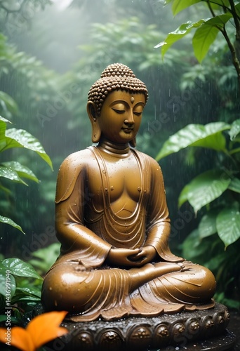 A serene Buddha statue stands in the rain, droplets cascading down its peaceful face and surrounding foliage