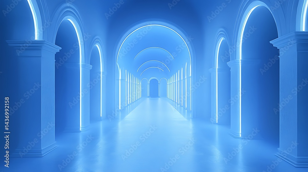 Obraz premium Empty blue neon archway corridor design