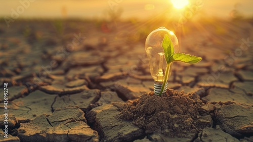 light bulb against a dramatic backdrop of cracked, arid earth. The juxtaposition of life and light within a desolate landscape suggests a message of hope and innovation amidst environmental challenges photo