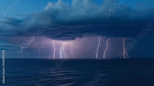 Dramatic ocean scene with multiple lightning strikes during a powerful storm