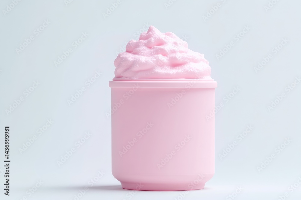 Pink cosmetic cream in a container. A light pink, fluffy, whipped cream-like substance sits atop a light pink cylindrical container. The product appears smooth and soft Pink cosmetic cream in a container. A light pink, fluffy, whipped cream-like substance sits atop a light pink cylindrical container. The product appears smooth and soft