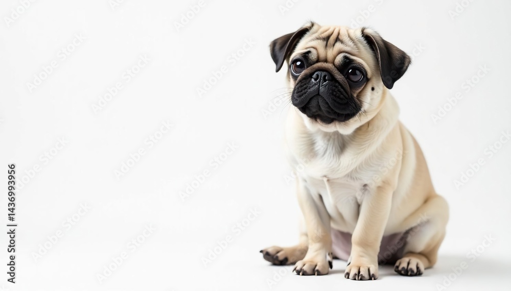 Adorable pug dog sits alone, white background, wrinkled, face Adorable pug dog sits alone, white background, wrinkled, face