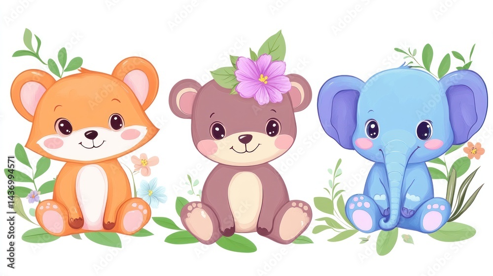 Naklejka premium Cute fox, bear, elephant in garden; children's book illustration
