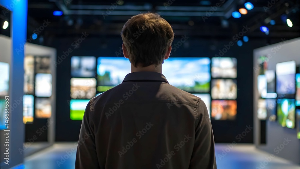 Virtual Event Platform exhibition digital concept A person viewing a multimedia exhibition surrounded by vibrant screens showcasing various images. Virtual Event Platform exhibition digital concept A person viewing a multimedia exhibition surrounded by vibrant screens showcasing various images.