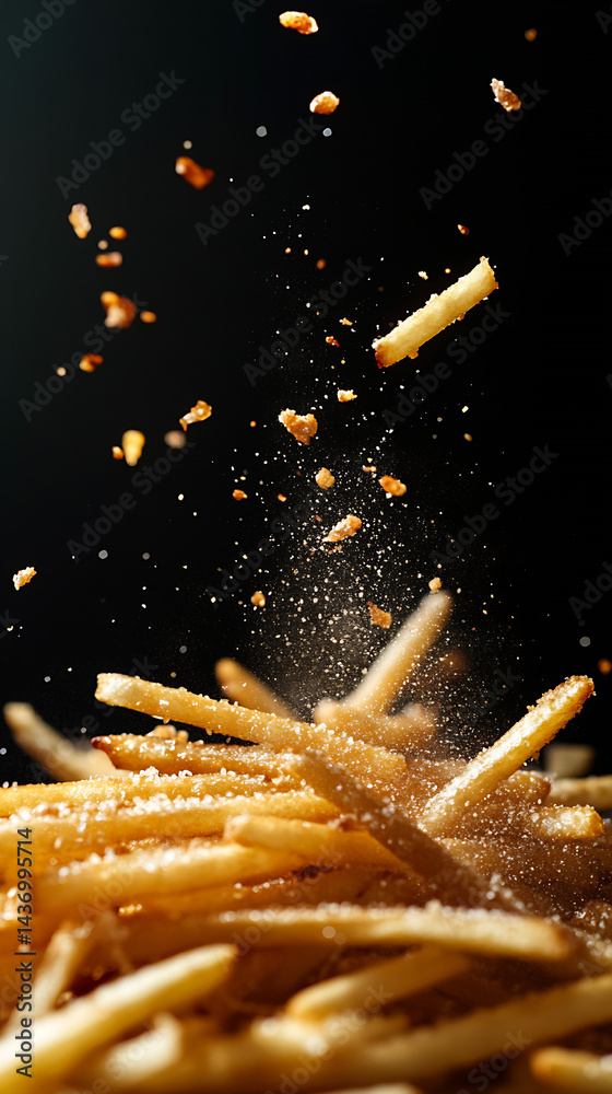 Delicious golden french fries capturing crispy texture and flavor with flying bits of salt and seasoning in the air : Generative AI