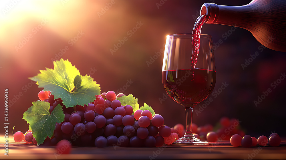 Rich red wine being poured into a glass accompanied by fresh grapes creating an indulgent rustic ambiance : Generative AI