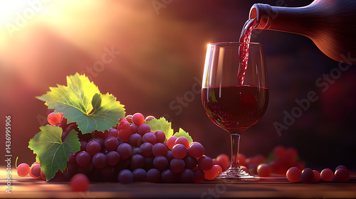 Rich red wine being poured into a glass accompanied by fresh grapes creating an indulgent rustic ambiance : Generative AI