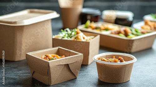 Fototapeta Naklejka Na Ścianę i Meble -  A set of small cardboard takeaway containers for street food.