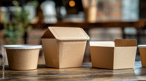 Fototapeta Naklejka Na Ścianę i Meble -  A set of small cardboard takeaway containers for street food.