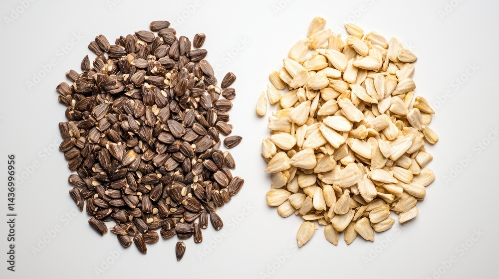 A side-by-side comparison of hulled and unhulled sunflower seeds A side-by-side comparison of hulled and unhulled sunflower seeds