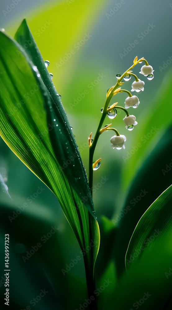 Delicate Lily of the Valley Flower with Dew Droplets Glimmering in Soft Natural Light : Generative AI