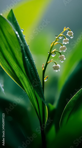 Obraz na płótnie Delicate Lily of the Valley Flower with Dew Droplets Glimmering in Soft Natural Light : Generative AI w salonie