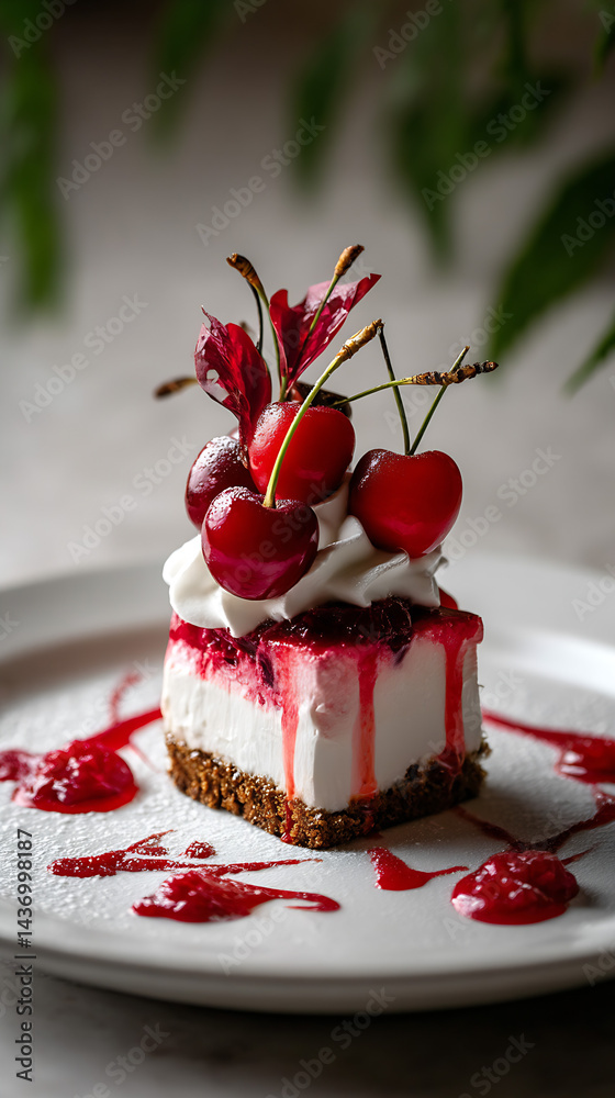 Delicious Cherry Cheesecake Slice Decorated With Fresh Red Cherries And Sweet Sauce On A Plate : Generative AI