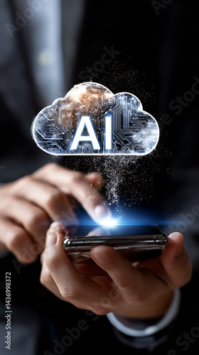 Obraz na płótnie Person Holding Smartphone with AI Cloud Graphic Representing Advances in Artificial Intelligence Technology : Generative AI w salonie