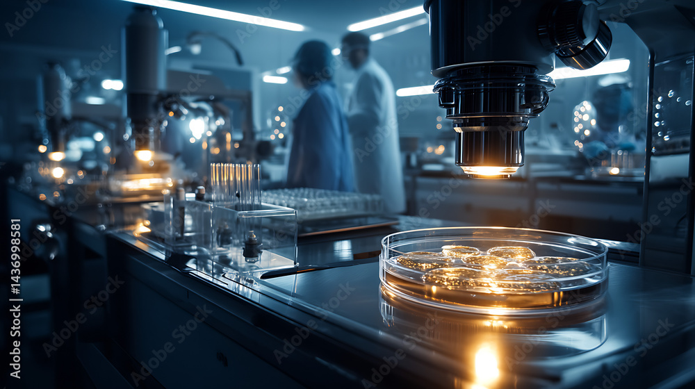 Modern laboratory setting with microscope, petri dishes, and researchers in the background working on scientific experiments : Generative AI