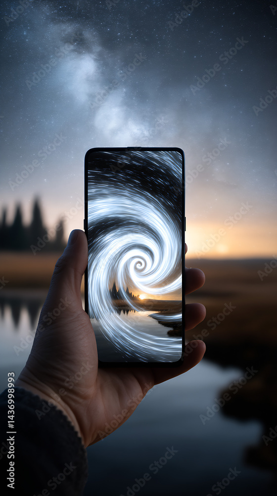 Creative smartphone photography showcasing a swirling galaxy visual effect with a scenic backdrop : Generative AI