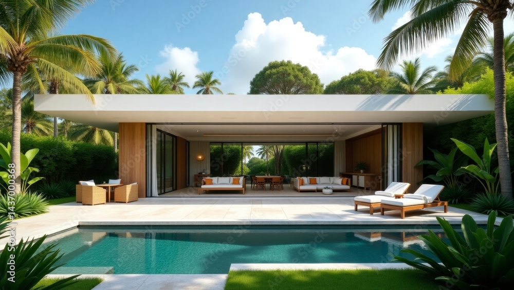 Fototapeta premium Luxurious pool area complete with a comfortable lounge chair and table surrounded by beautiful tropical elements and modern house design