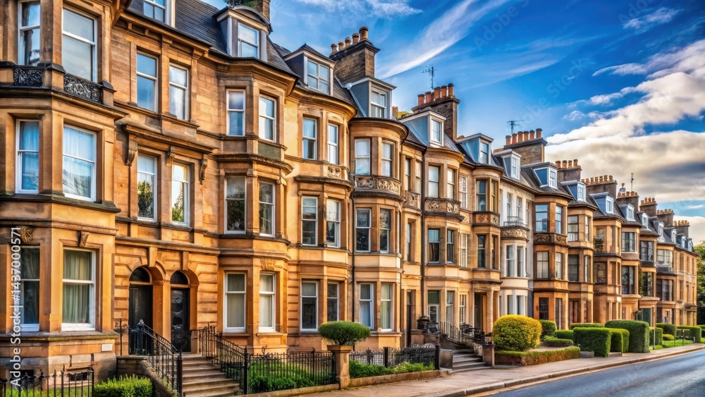 Obraz premium Traditional terraced houses in Glasgow's West End with a mix of Victorian and Edwardian architectural styles, urban