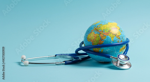 A globe with continents and oceans wrapped in a blue stethoscope on a light blue background surface on transparent background