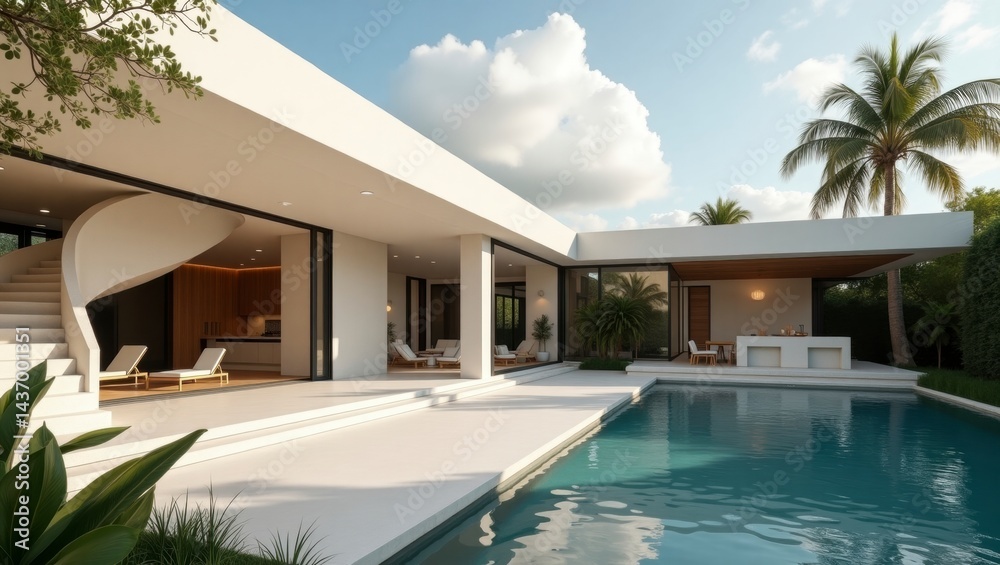 Fototapeta premium Dramatic contemporary luxury mansion showcasing minimalist architecture and stunning design elements surrounded by scenic landscapes