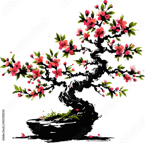 Cherry Bonsai Tree Vector. Blooming Bonsai: Watercolor Painting of a Cherry Blossom Tree