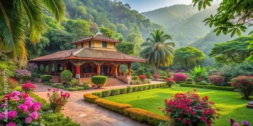 serene surroundings of a tranquil Indian ashram with lush greenery and flowers, spiritual retreat