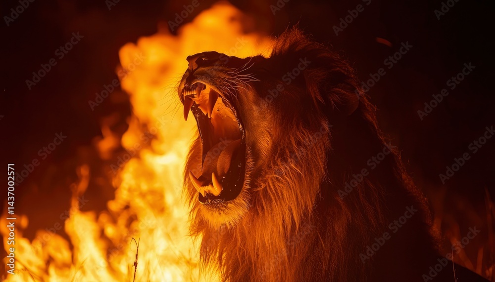 Naklejka premium Lion roaring in flames (1)