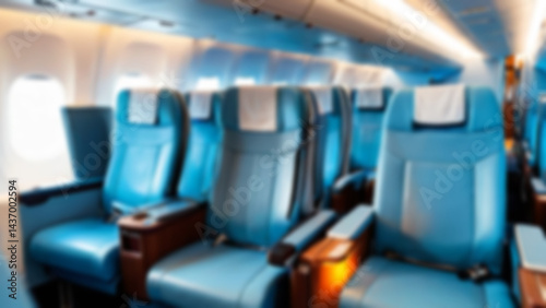 blurred airplane seats, interior inside a passenger plane, economy class, with blurred airplane seats background