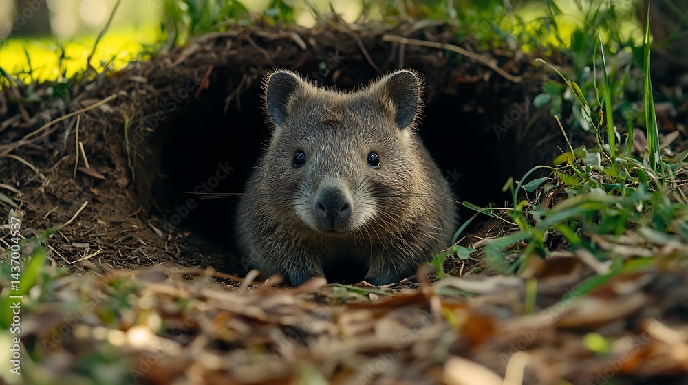 Naklejka premium A wombat peacefully burrowing into the earth in a quiet Australian forest, soft soil and grass surrounding its burrow entrance, round face peeking out, natural textures of the forest floor captured in