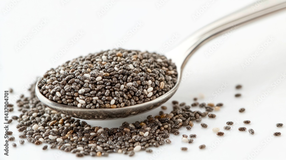 A spoonful of chia seeds on a clean white backdrop. A spoonful of chia seeds on a clean white backdrop.