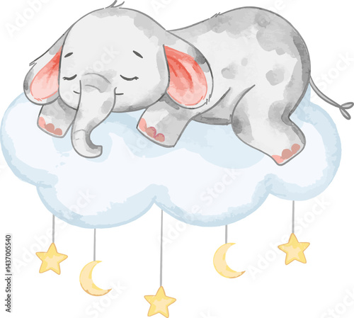 Cute baby elephant sleep on white cloud with stars decoration. Watercolor element suited for baby room, nursery, and baby shower project.