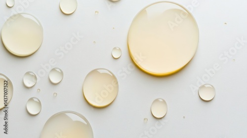 Abstract background of pale yellow liquid drops on white surface.