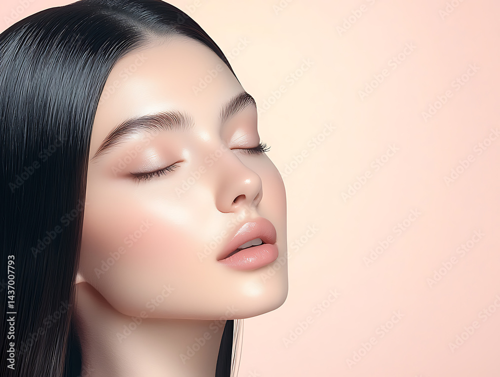 Naklejka premium Beauty portrait of a young woman with flawless skin soft lighting studio setting close-up view skincare and elegance
