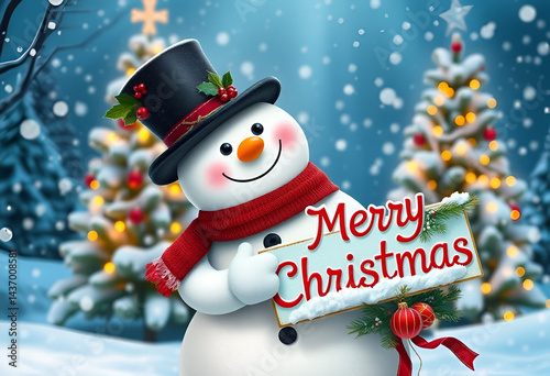 Cheerful Snowman Holding Merry Christmas Sign in Festive Winter Wonderland