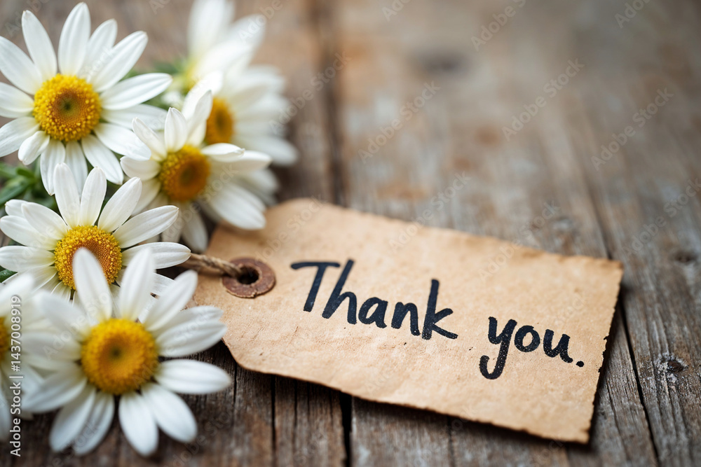 Naklejka premium Daisies Wooden Background with Thank You Note Rustic Charm Gift Tag Gratitude Appreciation Flowers