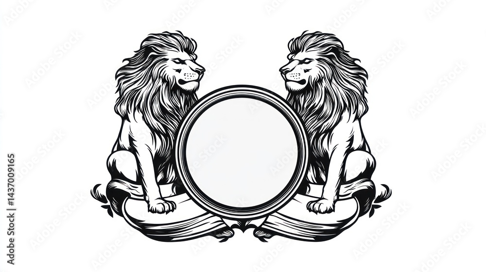 Obraz premium Majestic lions flanking a circular emblem, heraldry design, white background, logo template