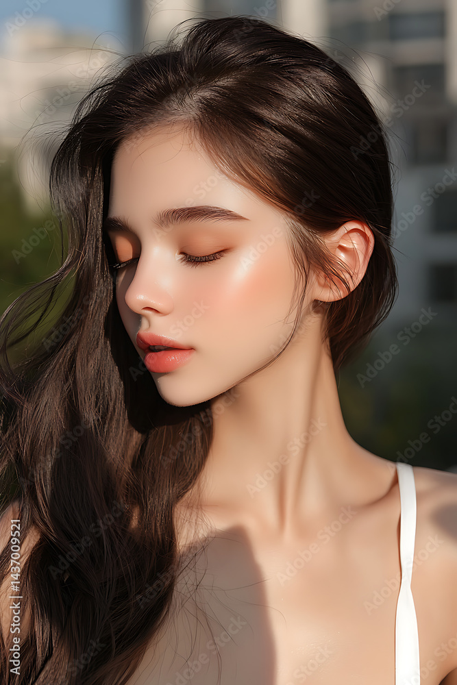 Naklejka premium Elegant portrait of a young woman urban setting photography natural light side profile beauty concept for seo