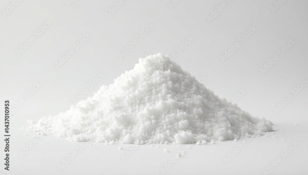 Pile of white sugar against stark white backdrop, clean, texture, culinary Pile of white sugar against stark white backdrop, clean, texture, culinary