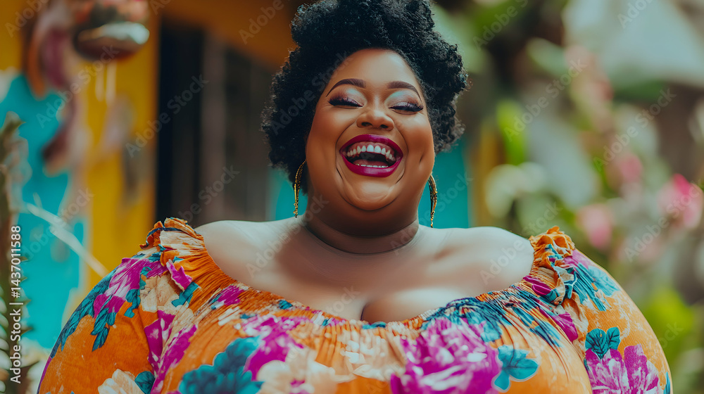 Fototapeta premium Smiling Person in Colorful Floral Dress in a Vibrant Outdoor Setting with Lush Greenery