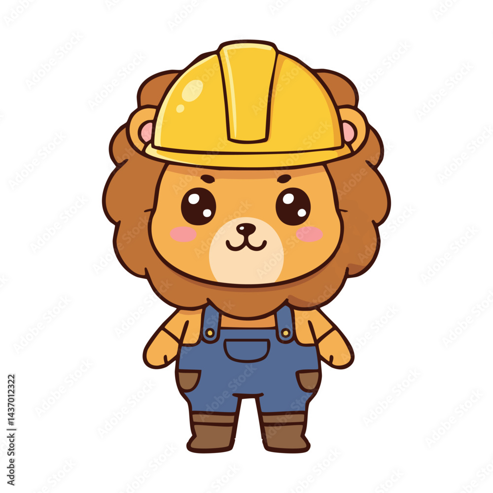 Obraz premium Labor day fun with a cute cartoon lion wearing a hard hat and worker uniform