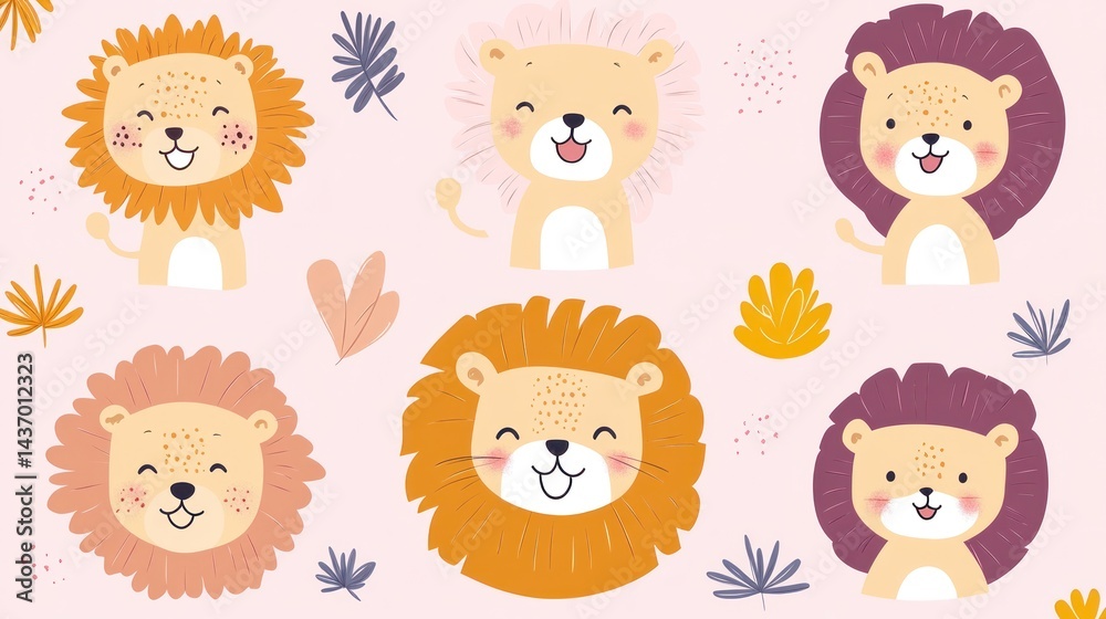 Fototapeta premium Cute lions cartoon in pink background, for children's prints and decorations