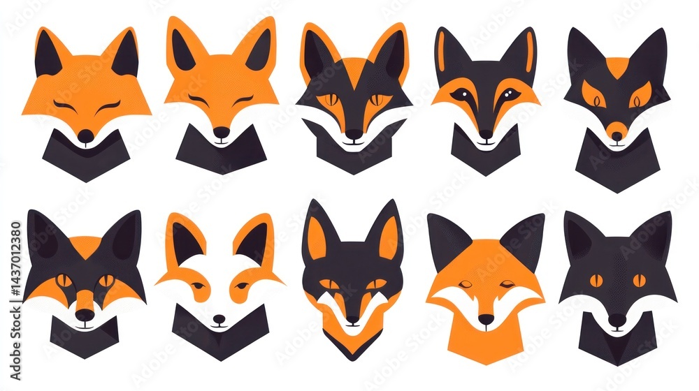 Fox heads, stylized icons, white background, design elements Fox heads, stylized icons, white background, design elements